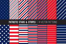 Patriotic Red White Blue Stars & Stripes Vector Patterns. July 4th Independence Day Backgrounds. Diagonal And Horizontal Striped Textures. Variable Thickness Lines. Pattern Tile Swatches Included.