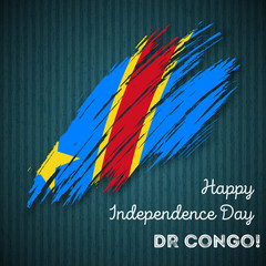 DR Congo Independence Day Patriotic Design. Expressive Brush Stroke in National Flag Colors on dark striped background. Happy Independence Day DR Congo Vector Greeting Card.