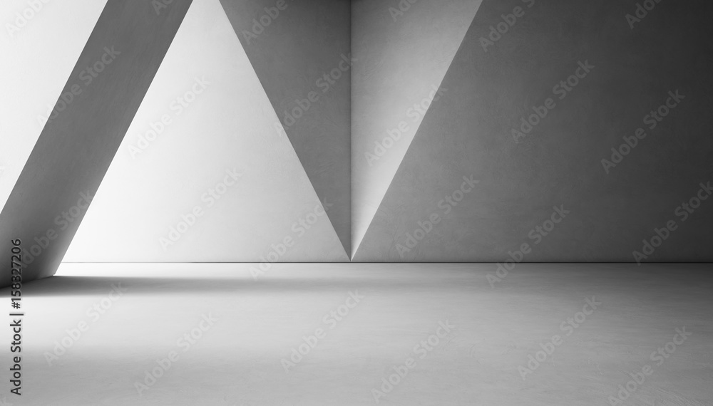 Abstract interior design of modern showroom with empty white concrete floor and gray wall background - 3d rendering - obrazy, fototapety, plakaty 