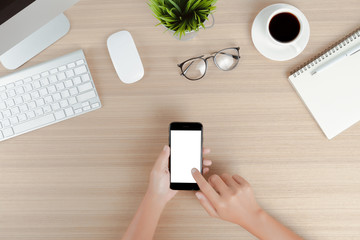 Aufkleber - hand use phone mobile white screen on work table top view
