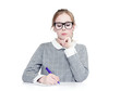 © afxhome - Young woman with glasses writes pen on paper, on white background