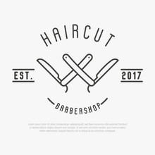 Hipster Logo For Barber Shop With Cut Throat Razor. Minimalistic Thin Line Vector Illustration.
