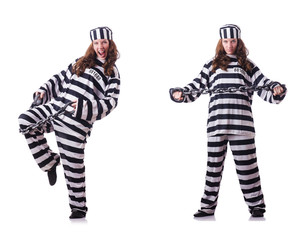 Wall Mural - Prisoner in striped uniform on white