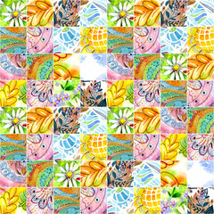  vintage seamless texture with ethnic patchwork pattern. watercolor painting