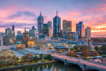 Fototapete - Melbourne city skyline at twilight