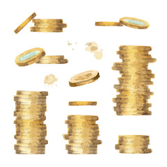 Coins illustration. Watercolor hand-drawn set