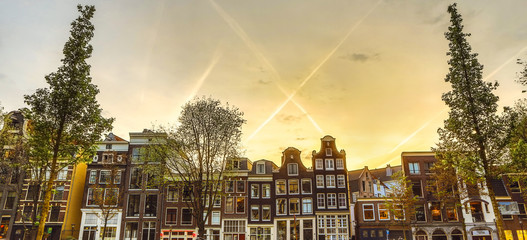 Wall Mural - General view of traditional old famous houses in Amsterdam city.