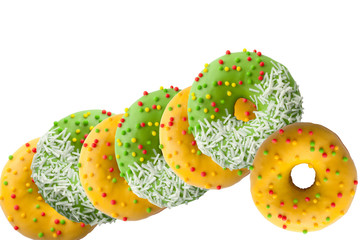 Wall Mural - Yellow and green Donuts with polka dots isolated on a white background. National Doughnut Day. Snacks. Dessert food. Fried dough confectionery.