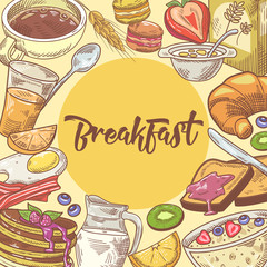 Wall Mural - Healthy Breakfast Hand Drawn Design with Croissant, Fruits and Cornflakes. Eco Food. Vector illustration