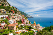 View On Town Positano On Amalfi Coast, Campania, Italy
