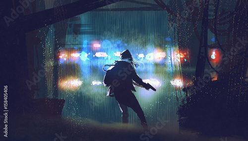 Cuadros en Lienzo scene of the thief with the gun being caught by police car light at rainy night