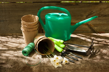 Garden Sets: Watering Can, Peat Pots, Fork, Scoop, Hoe, Roll Rope And Flowers Narcissus In Sunny Day On Old Wooden Gray Board.