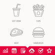 © tanyastock - Hamburger, meat and soft drink icons. Chips fries linear sign. Edit document, Calendar and Graph chart signs. Star, Check and House web icons. Vector