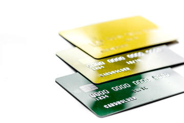 Payment composition with business credit cards at work place white background close up