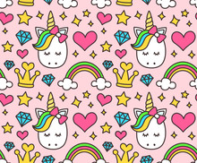 Cute Unicorn, Princess Concept, Girl Beauty Seamless Pattern Isolated On Pink Background. Vector Cartoon Design. Magic, Fairy Tale, Heart, Rainbow, Crown, Stars, Diamond