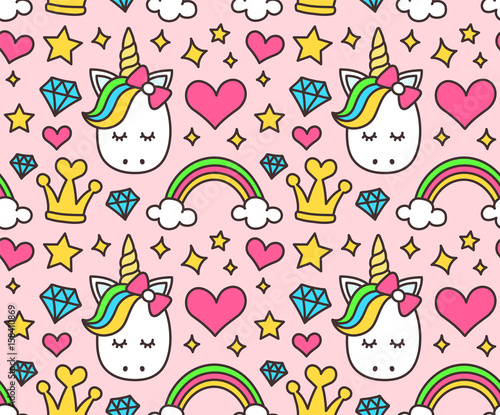 Fotomural Cute unicorn, princess concept, girl beauty seamless pattern isolated on pink background