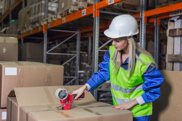 Wall Mural - Female warehouse worker packing boxes in storehouse