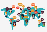 Fototapeta Dinusie - Set of social people on World map with speech bubbles in different languages