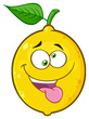 Mad Yellow Lemon Fruit Cartoon Emoji Face Character With Crazy Expression And Protruding Tongue. Illustration Isolated On White Background