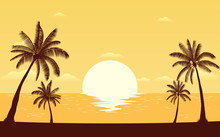 Silhouette Palm Tree On Beach In Flat Icon Design Under Sunset Sky Background