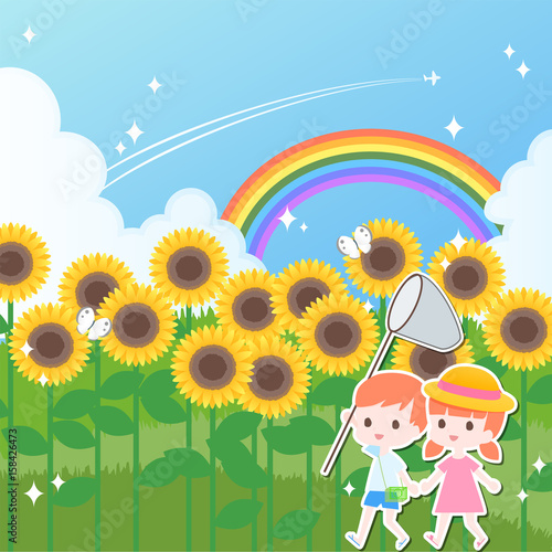 ひまわり畑の子供達のイラスト Stock Vector Adobe Stock