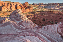 Fire Wave Stone Formation At Sunset Rays. Nevada, Valley Of Fire