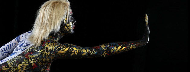 Body art of a girl in the style of Khokhloma and Gzhel