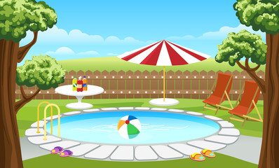 Backyard pool vector illustration. Cartoon house lounge poolside with fence and parasol, water and trees