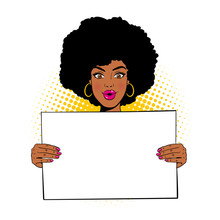 Wow Female Face. Young Sexy Surprised African American Woman With Open Mouth Holding Blank Board For Your Text. Vector Illustration In Retro Comic Pop Art Style Isolated On White Background.