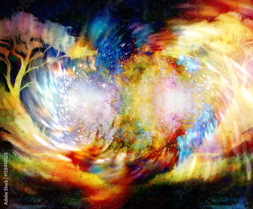 Fototapeta Tree in cosmic space background color collage swirl effect