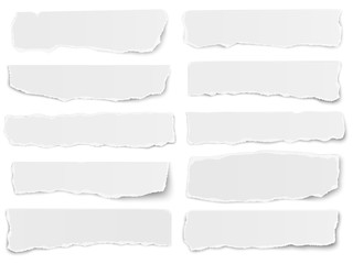 set of elongated torn paper fragments isolated on white background