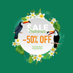 Wall Mural - Summer Sale Tropical Flowers and Exotic Birds Banner, for Discount Poster, Fashion Sale, Market Offer in vector