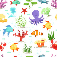 Canvas Print - Funny underwater life with sea plants and fishes. Vector seamless pattern