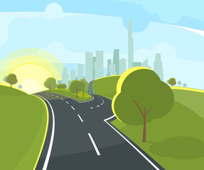 Sticker - Vector illustration of panoramic urban landscape with highway in perspective and funny environment