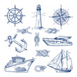 Marine doodles set with ships, boats and nautical anchors. Vector illustrations in hand drawn style