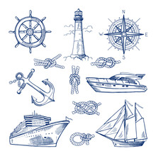 Marine Doodles Set With Ships, Boats And Nautical Anchors. Vector Illustrations In Hand Drawn Style