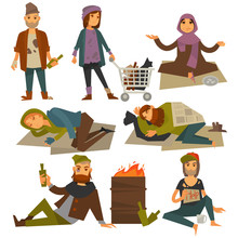 Beggars And Bum Or Vagrant Homeless People Vector Flat Isolated Icons