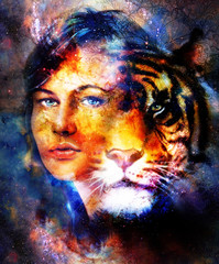 Wall Mural - Goodnes woman and tiger and ornament. Cosmic Space background.