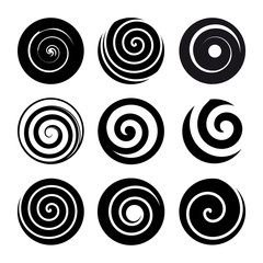 set of spiral motion elements. black isolated objects, different brush textures, vector illustration
