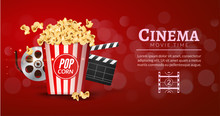 Movie Film Banner Design Template. Cinema Concept With Popcorn, Filmstrip And Film Clapper. Theater Cinematography Poster