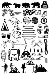 Wall Mural - hiking, summer camp emblems and design elements. mountains, bears, tourists, lamps. design elements 
