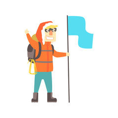 Sticker - Smiling climber man in sunglasses with backpack and blue flag, colorful character vector Illustration