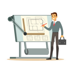 Young architect working on his project on a drawing board, colorful character vector Illustration