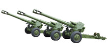 Three Old Green Russian Artillery Field Cannon Gun Isolated Over White