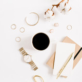 Fototapeta Mapy - Fashion blog gold style desk with woman accessory collection: golden watches, scissors, coffee cup, notebook and cotton branch on white background. Flat lay. Top view.