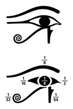 Eye Of Horus Fractions Values. In Ancient Egyptian, Fractions Were Written As Sum Of Unit Fractions, Represented By Different Parts Of The Eye Of Horus Symbol. Black And White Illustration. Vector.