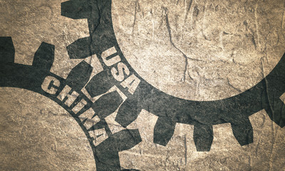 Wall Mural - Mechanism of Gears. Communication Concept in Industrial Design. Modern brochure design template. Layout Template. Politic and economic relationship between USA and China. Concrete grunge texture