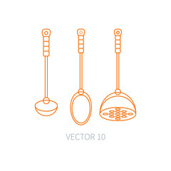 Wall Mural - Line flat vector kitchenware icons - spoon, scoop, pestle. Cutlery tools. Cartoon style. Illustration and element for your design. Equipment for food preparation. Kitchen. Household. Cooking. Cook.