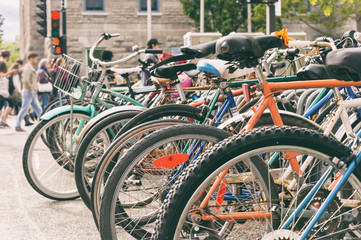 Close up of wheels of bicycles