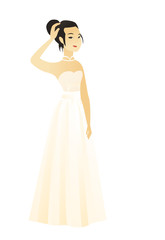 Wall Mural - Asian fiancee in a white dress scratching head. Full length of young thoughtful fiancee scratching head. Puzzled fiancee scratching head. Vector flat design illustration isolated on white background.